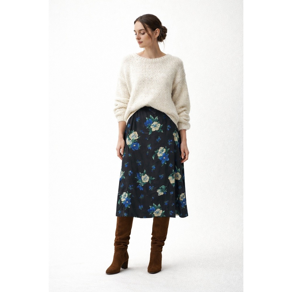 Vintage Limited Silk Black Floral Midi Skirt Size 14‎